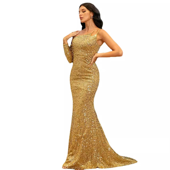 Damen Glamouröses Pailletten-Abendkleid mit asymmetrischem Design und elegantem Schlitz Drune
