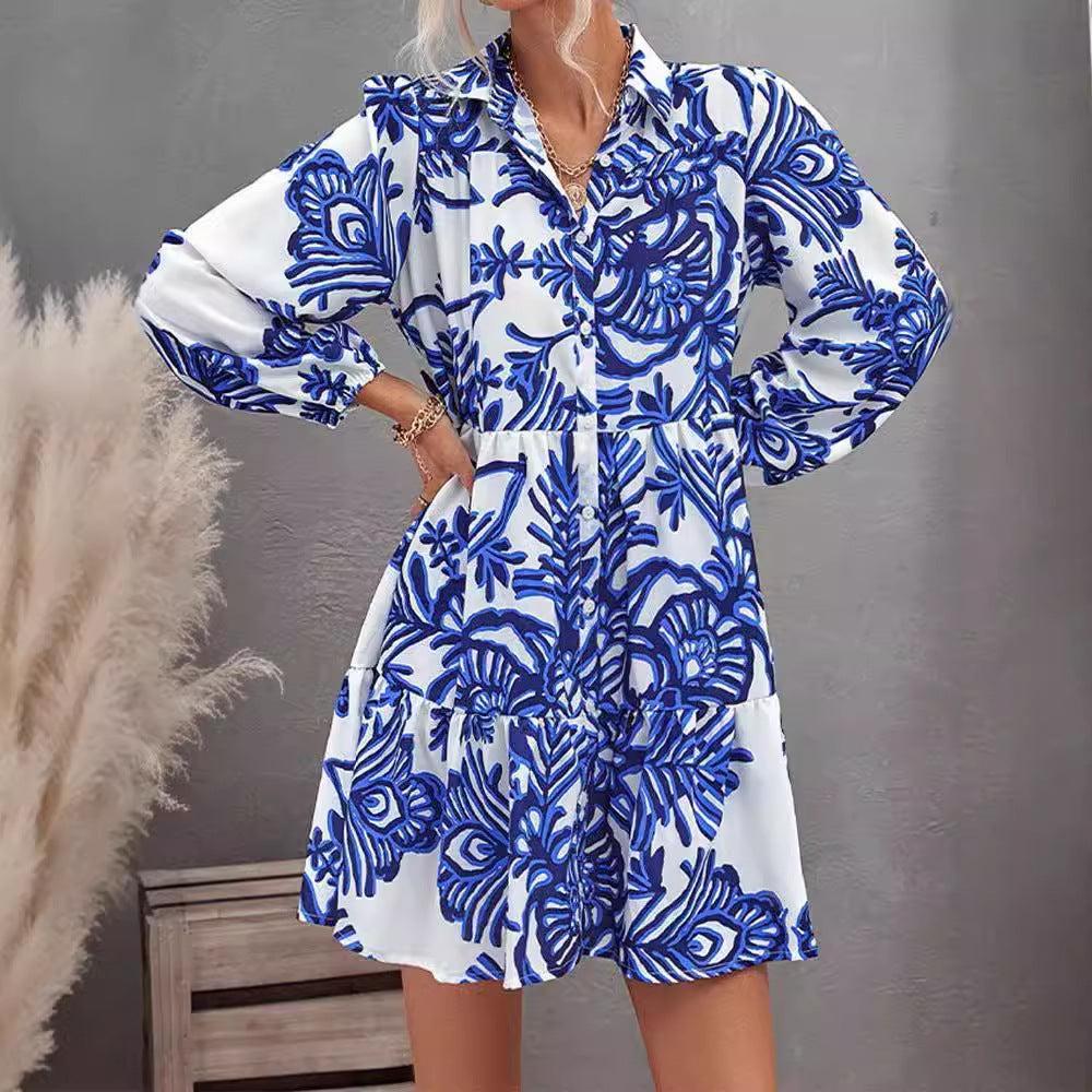 Damen lässiges Hemdkleid mit voluminösen Ärmeln und durchgehendem Knopfverschluss Drune