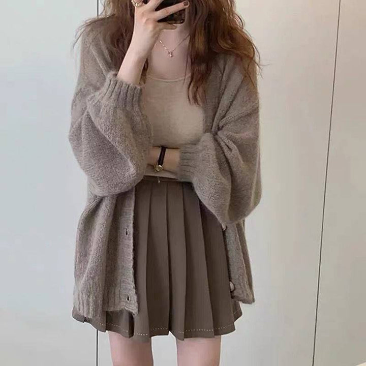 Damen Flauschiger Strickcardigan mit voluminösen Ärmeln und Knopfdetails Drune