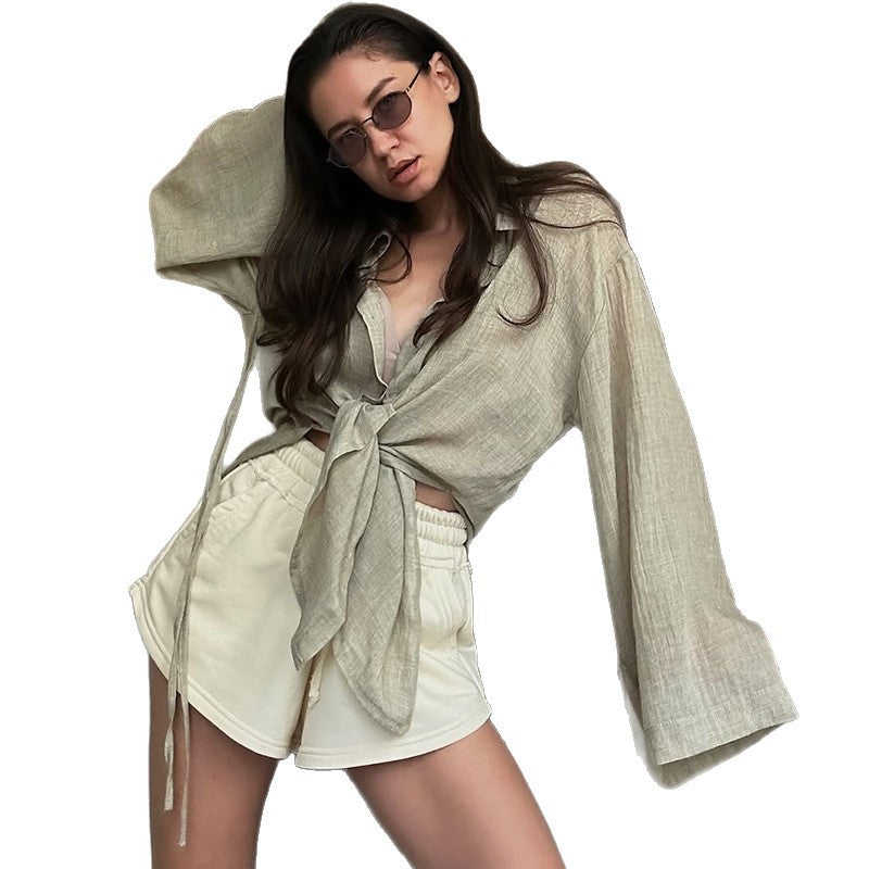 Damen lässige Leinenbluse mit bindbarem Gürtel Drune