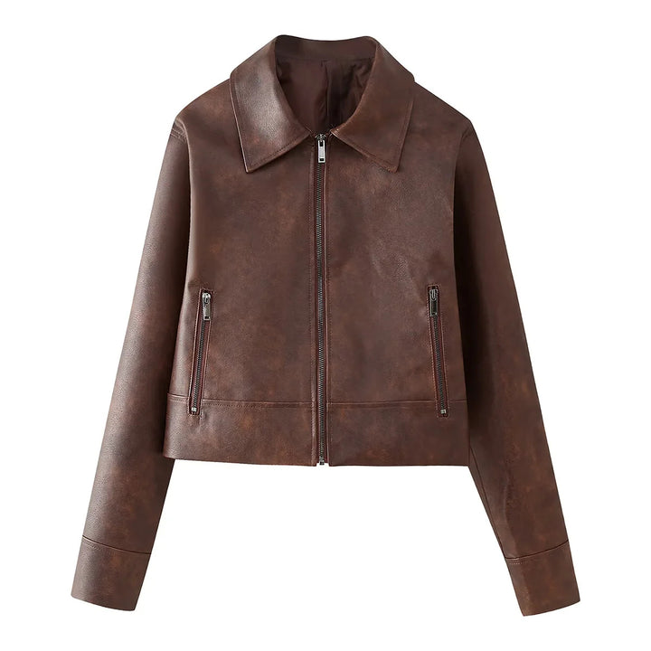 Damen Kunstlederjacke im eleganten Cropped-Design mit praktischen Reißverschlusstaschen Drune