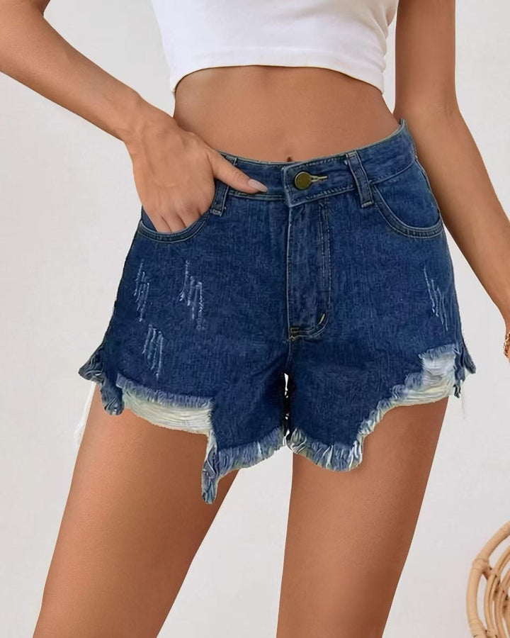Damen modische Destroyed Denim-Shorts mit fransigem Saum Drune