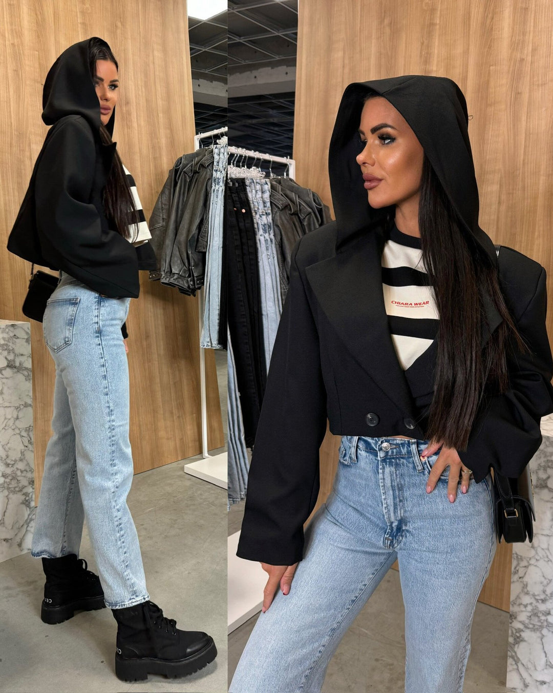 Damen Modische Jacke mit Kapuze und doppelter Knopfleiste Drune