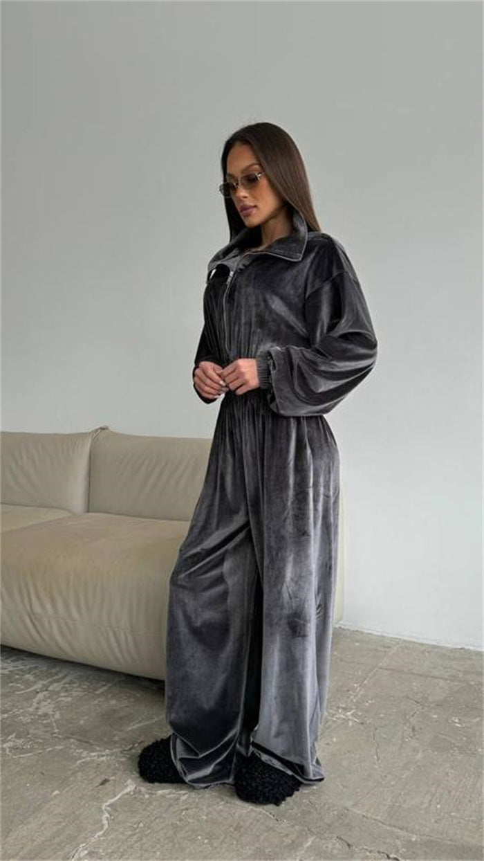 Damen Velours-Jumpsuit mit hohem Kragen und lockerer Passform Drune