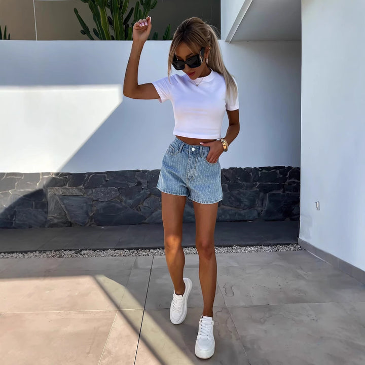 Damen Denim-Shorts mit klassischem Schnitt und feinen Nadelstreifen Drune