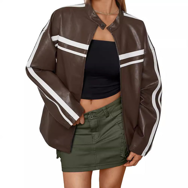Damen Kunstlederjacke mit sportlichen Streifen Drune