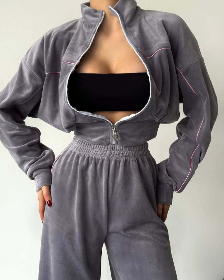 Damen modischer Fleece-Loungewear-Set mit kurzem Oberteil und hohem Kragen Drune