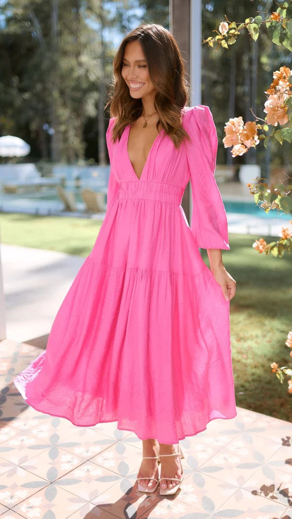 Damen Langarm Maxikleid mit tiefem V-Ausschnitt und weitem Rock Drune