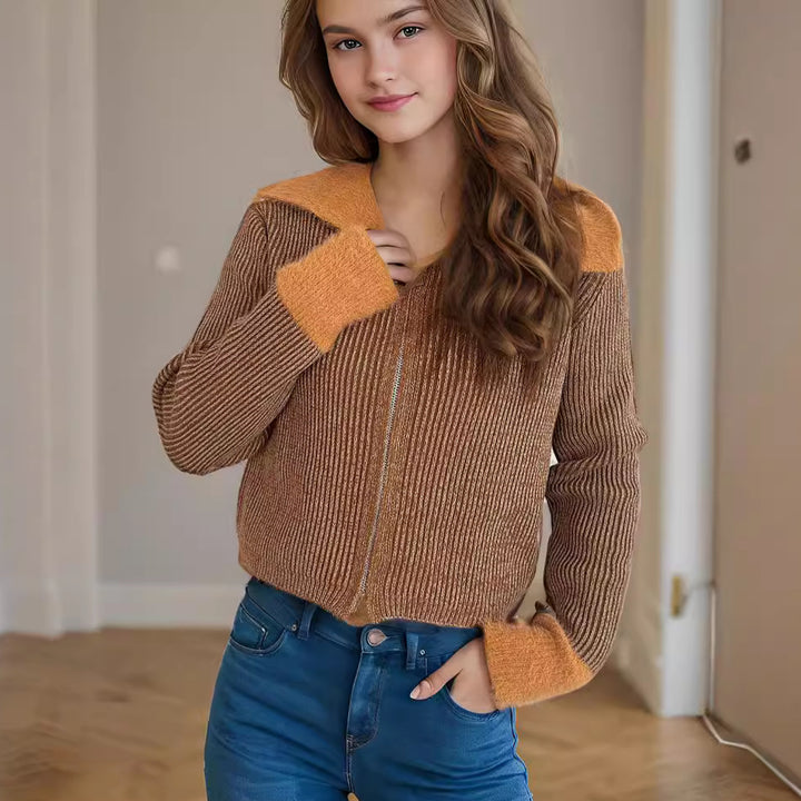 Damen bequeme Strickjacke mit praktischen Reißverschluss-Details und modernen Puffärmeln Drune