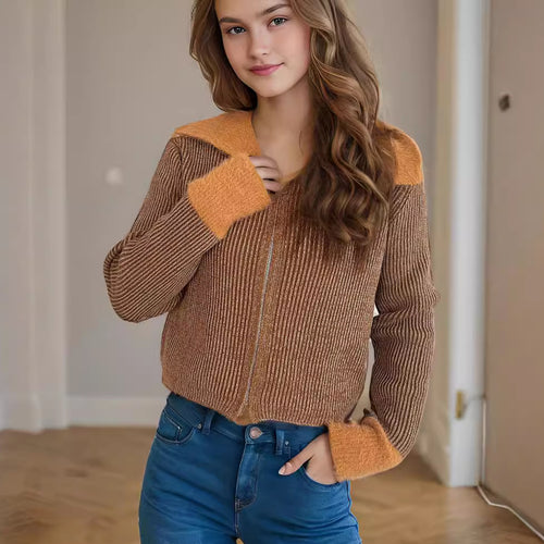 Damen bequeme Strickjacke mit praktischen Reißverschluss-Details und modernen Puffärmeln Drune