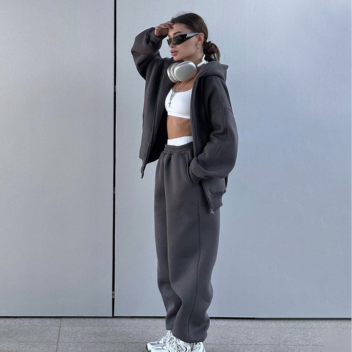 Damen Bequemes Fleece-Hausanzug-Set mit Hoodie und elastischem Bund Drune