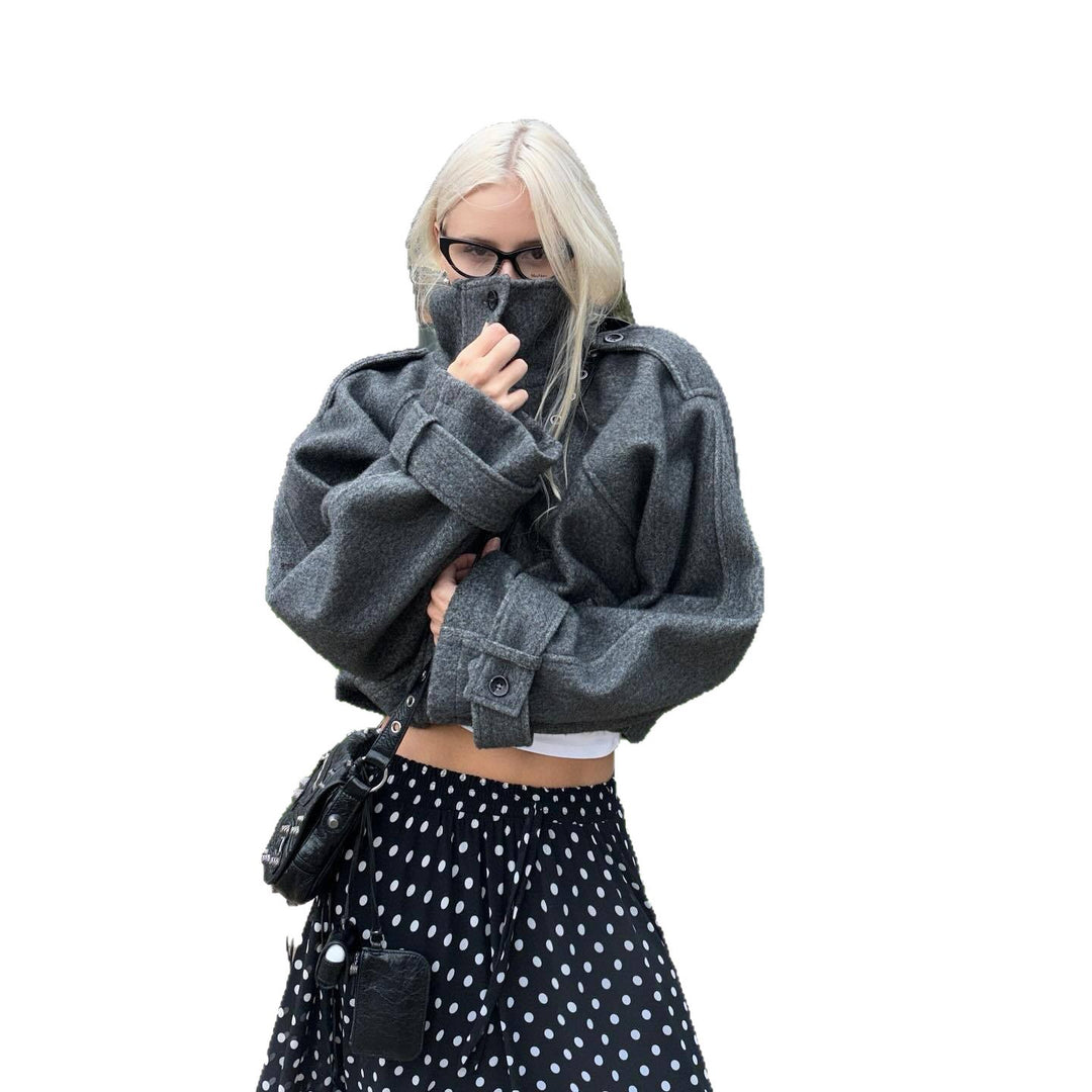Damen Oversized Wolljacke mit hohen Kragen und praktischen Taschen Drune
