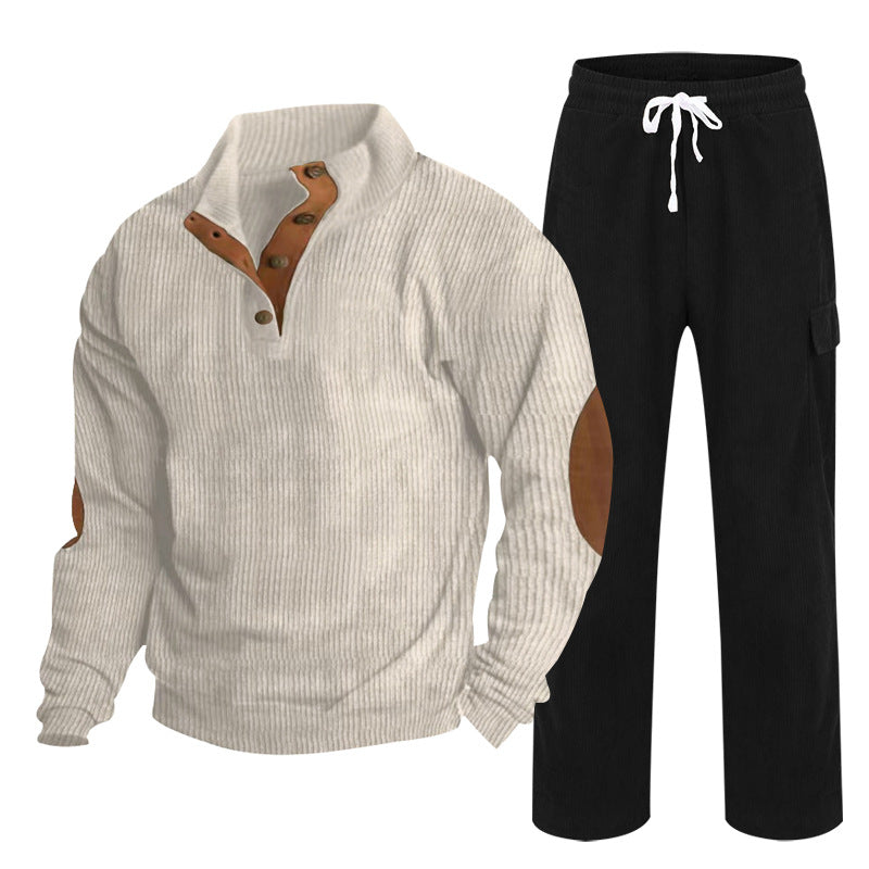 Herren nan strukturiertes Cord-Henley-Loungewear-Set mit Ellenbogenpatches und Cargo-Jogpant Drune