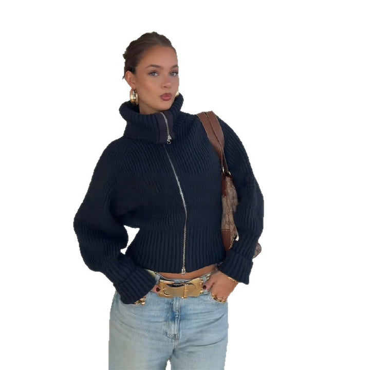 Damen Strickjacke mit hohem Kragen und modischem Reißverschluss Drune