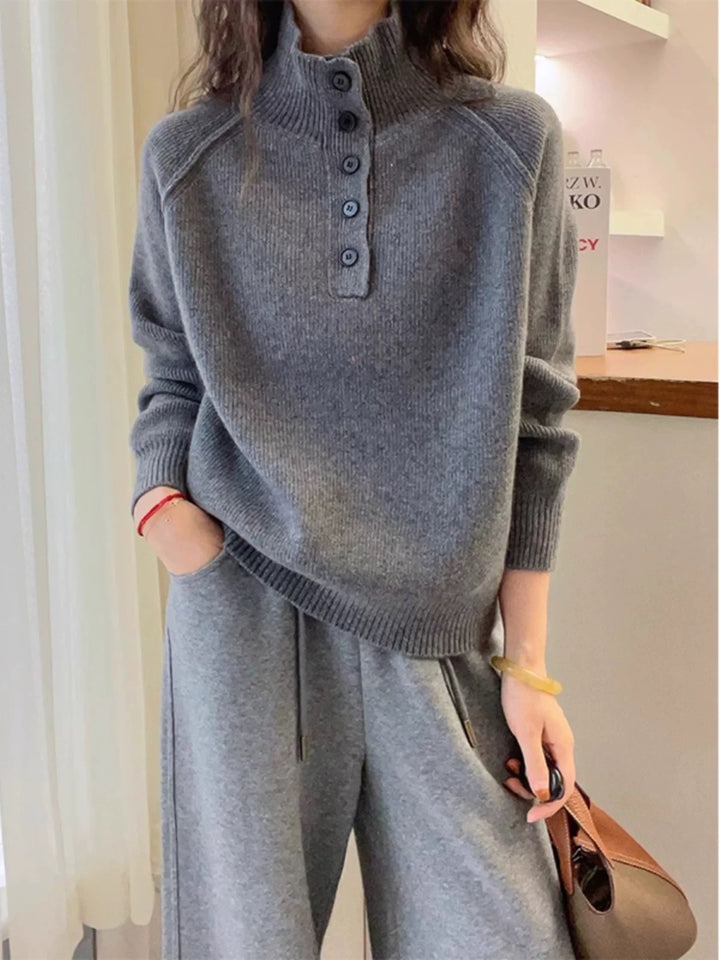 Damen Komfortabler Strickpullover mit Knopfleiste Drune