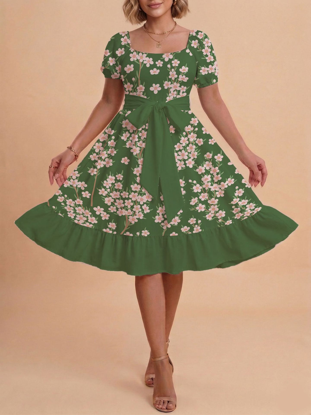Damen Midikleid mit verspieltem Druck und tailliertem Schnitt Drune