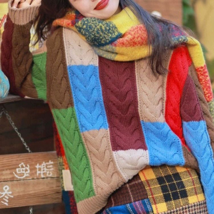 Damen Grobstrickpullover mit buntem Patchwork-Muster Drune