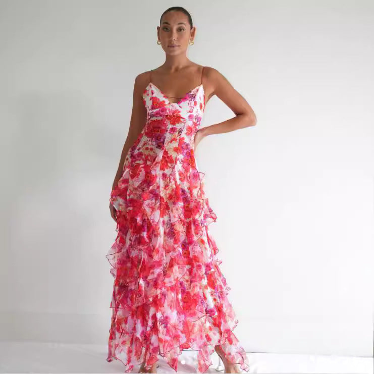 Damen Langarmkleid mit floralem Design und Rüschendetails Drune