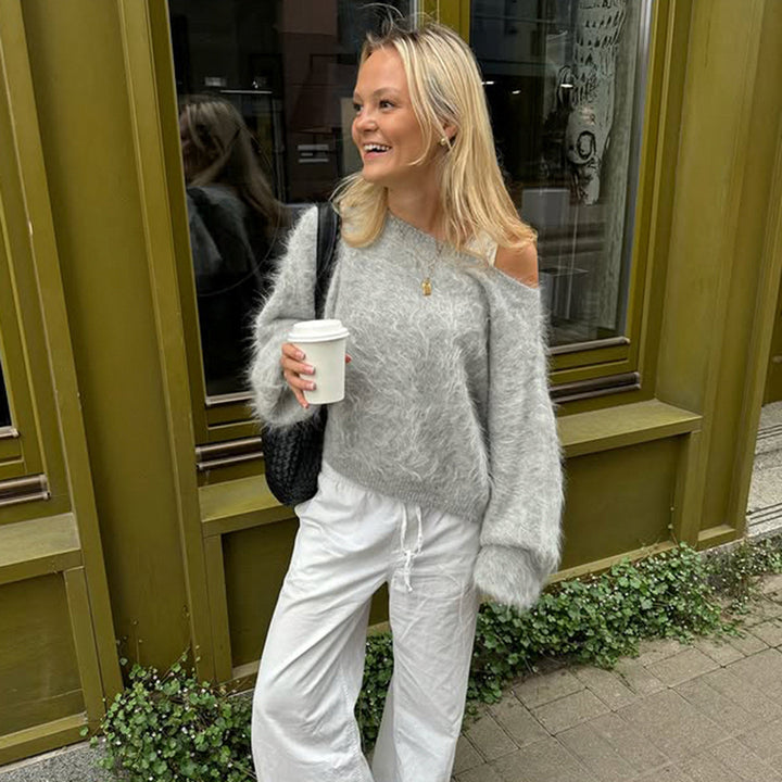 Damen nan oversized flauschiger Mohair-Blend Off-Shoulder Pullover mit Balloon-Ärmeln Drune