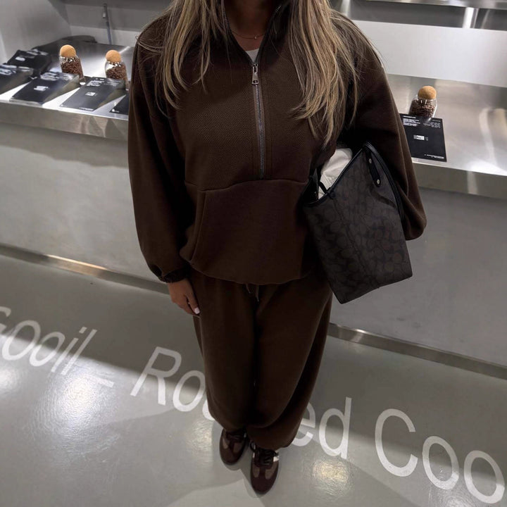 Damen lässiger Sweat-Anzug mit hohem Kragen und elastischen Ärmeln Drune
