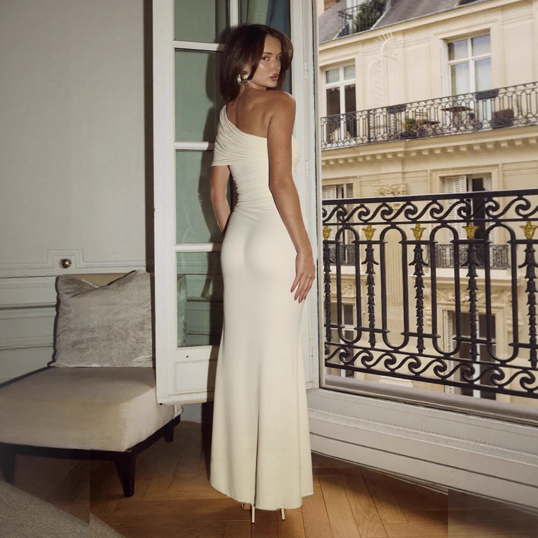Damen Elegantes One-Shoulder Maxikleid mit figurbetonendem Schnitt und verspieltem Bindeband Drune