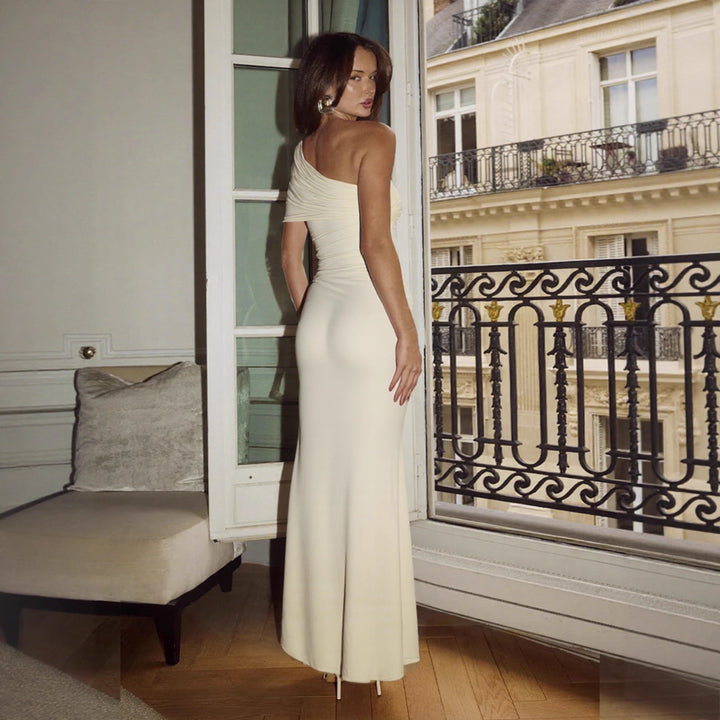Damen Elegantes One-Shoulder Maxikleid mit figurbetonendem Schnitt und verspieltem Bindeband Drune