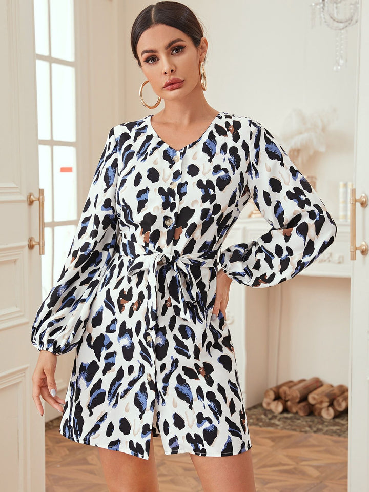 Damen Blusenkleid mit Tierdruck und tailliertem Gürtel Drune