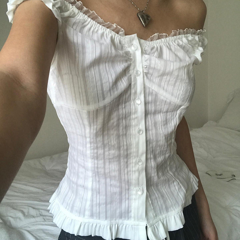 Damen Off-Shoulder Bluse mit Rüschensaum Drune