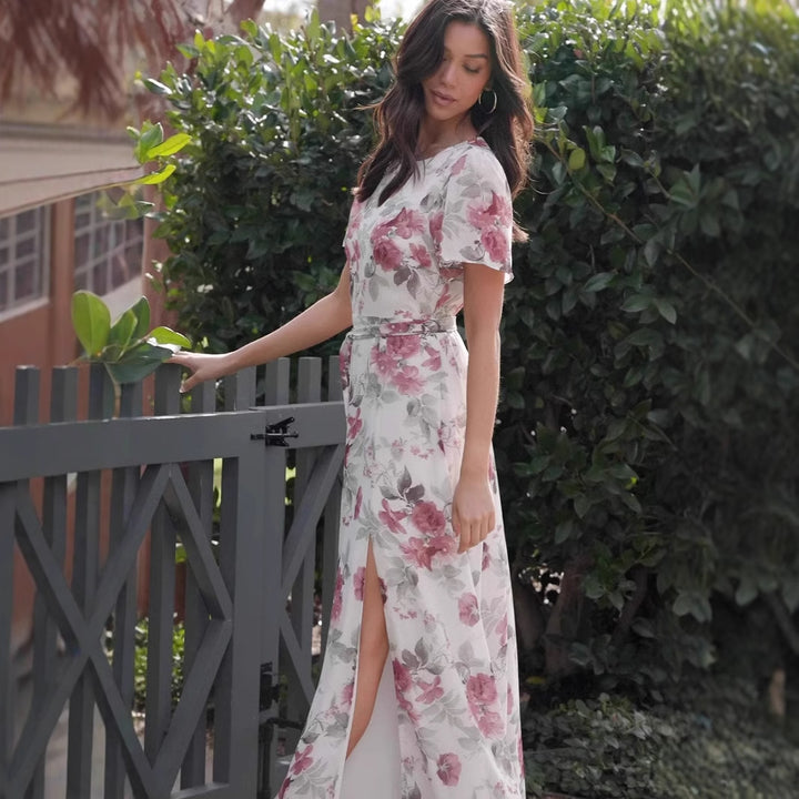 Damen florales Maxikleid mit tiefem Schlitz und Taillengürtel Drune