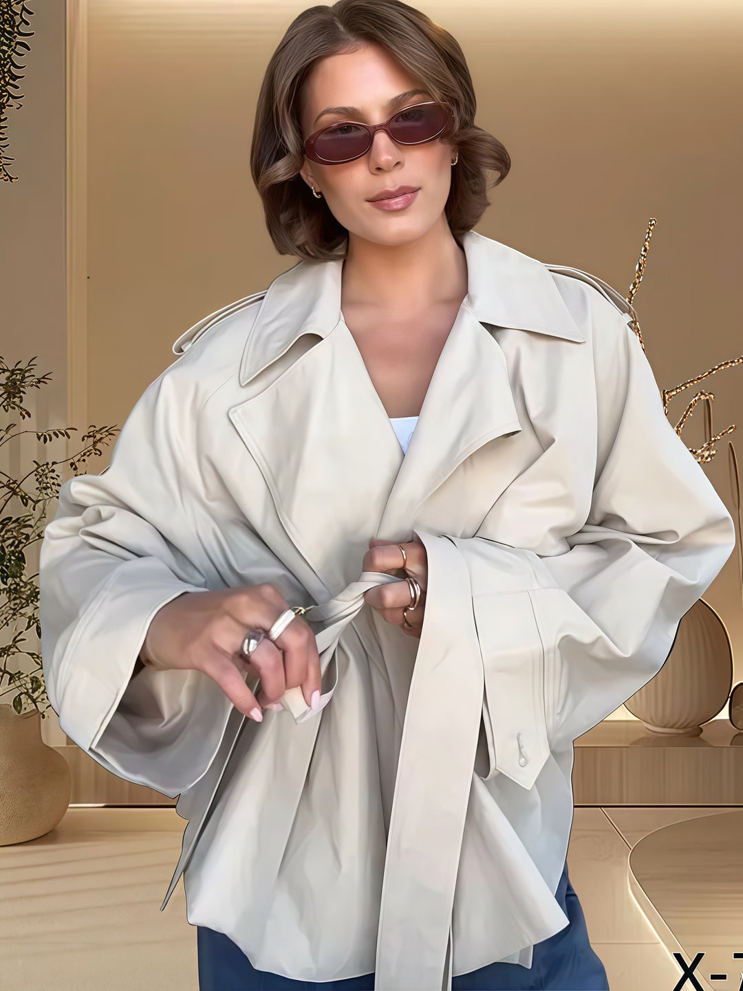 Damen Modische Oversized-Trenchjacke mit taillierbarem Gürtel und weiten Ärmeln Drune