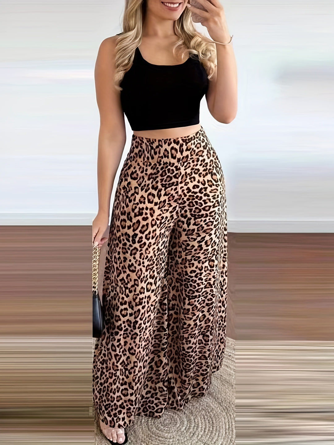 Damen Weite Leoprint-Hose mit hohem Bund und elastischem Taillenbund Drune