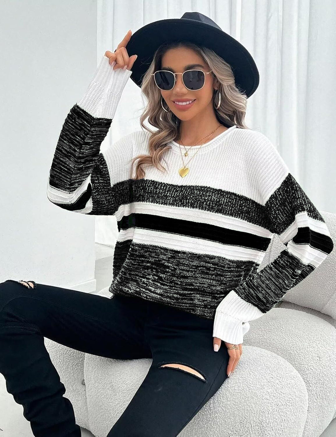 Damen lässiger Pullover mit gestreiftem Design und weitem Schnitt Drune
