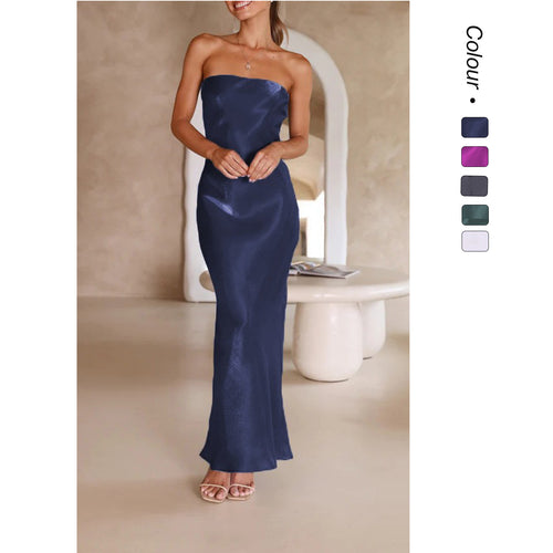 Damen Elegantes Bandeau-Maxikleid mit fließendem Satin und körpernaher Silhouette Drune