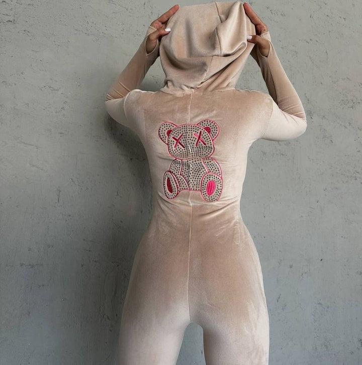 Damen Kapuzenkleid mit funkelndem Bärenmotiv und figurbetonendem Schnitt Drune