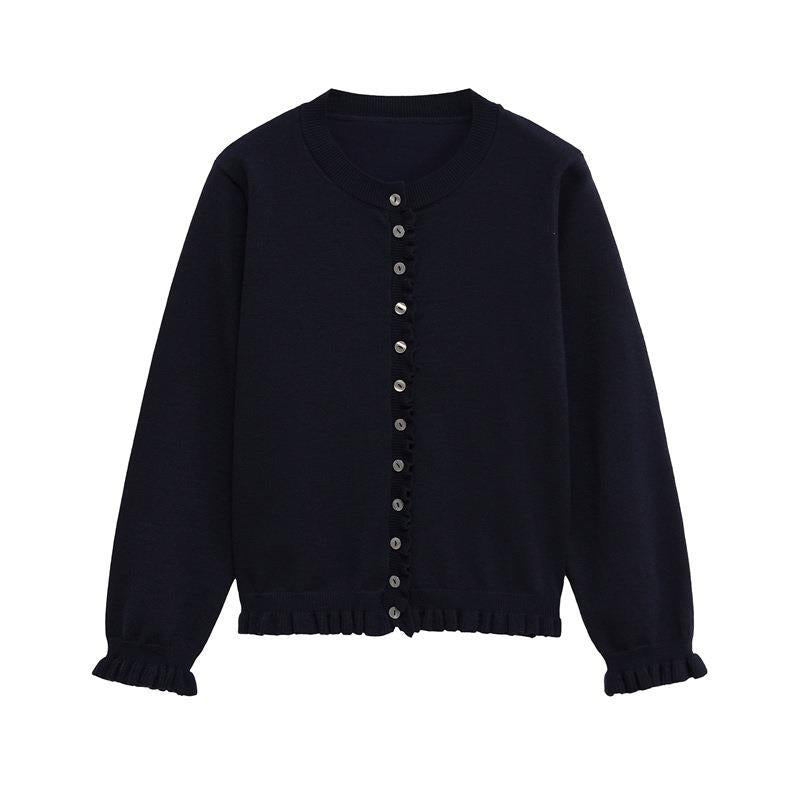 Damen Strickjacke mit verspieltem Rüschensaum und Knopfdetails Drune