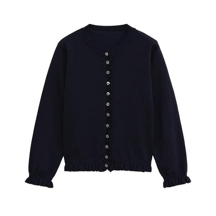Damen Strickjacke mit verspieltem Rüschensaum und Knopfdetails Drune