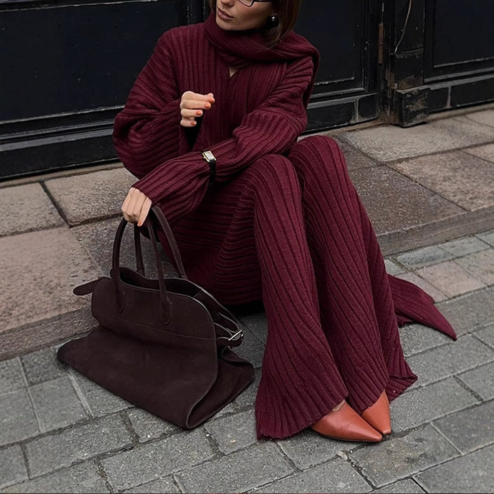 Damen Strickstoff Zweiteiler mit weitem Bein und oversized Oberteil Drune