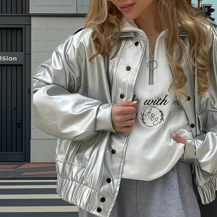 Damen Oversized Kunstlederjacke mit dekorativen Taschen und modischer Schnürung Drune