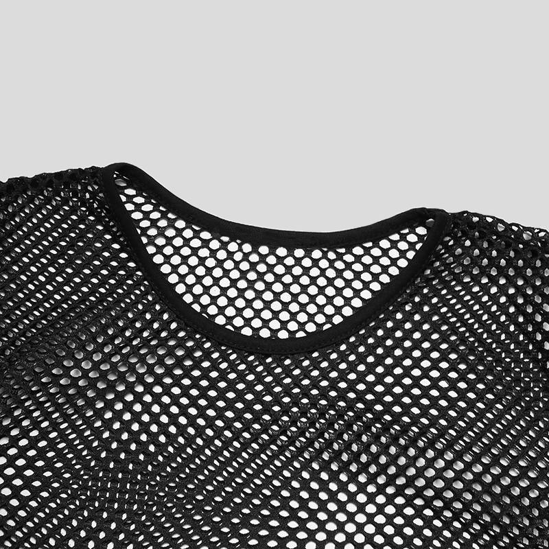 Unisex nan durchscheinendes Diamantnetz-Langarmshirt mit Rundhalsausschnitt Drune