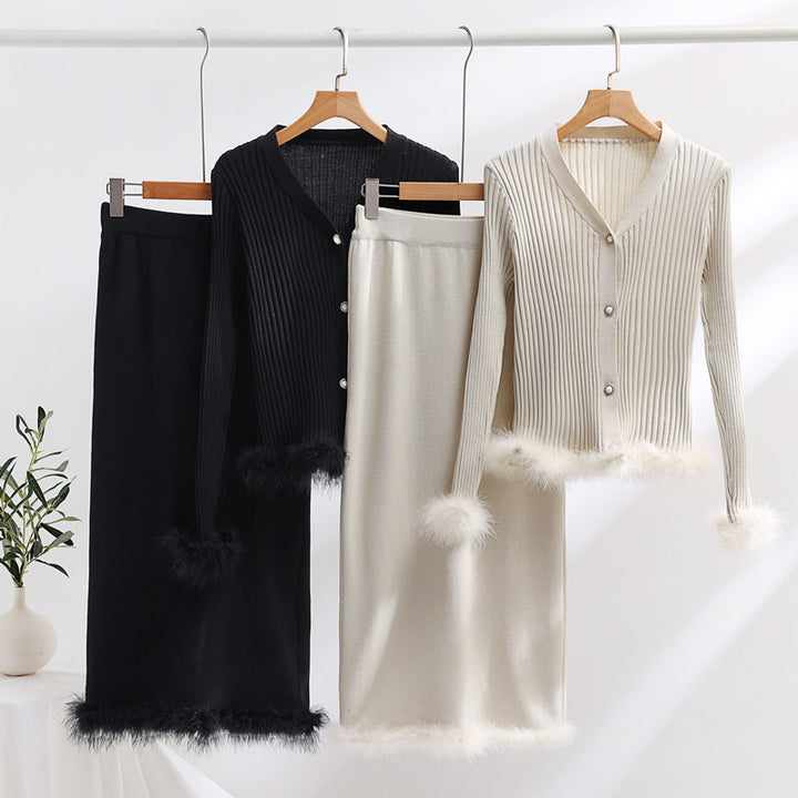 Damen Strickensemble mit feinem Fellbesatz Drune