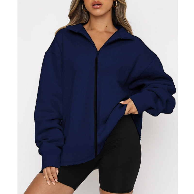 Damen Oversized Sweatjacke mit hohem Kragen und durchgehendem Reißverschluss Drune