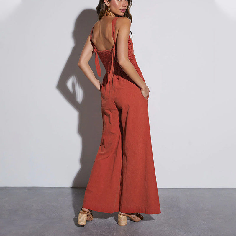 Damen eleganter Jumpsuit mit weitem Bein und gesmoktem Oberteil Drune