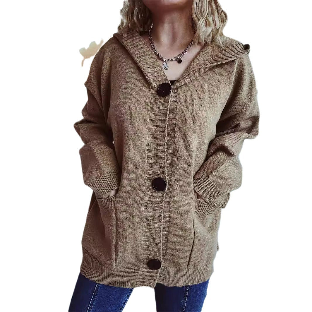 Damen bequeme Strickjacke mit Kapuze und praktischen Taschen Drune