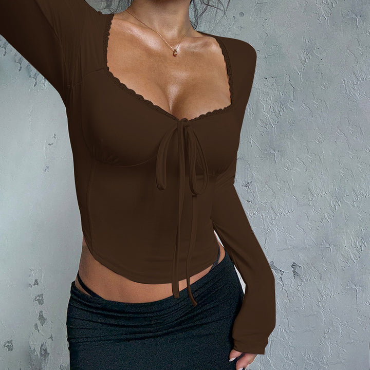 Damen langärmliges Crop-Top mit raffinierten Bindeband und elegantem Ausschnitt Drune