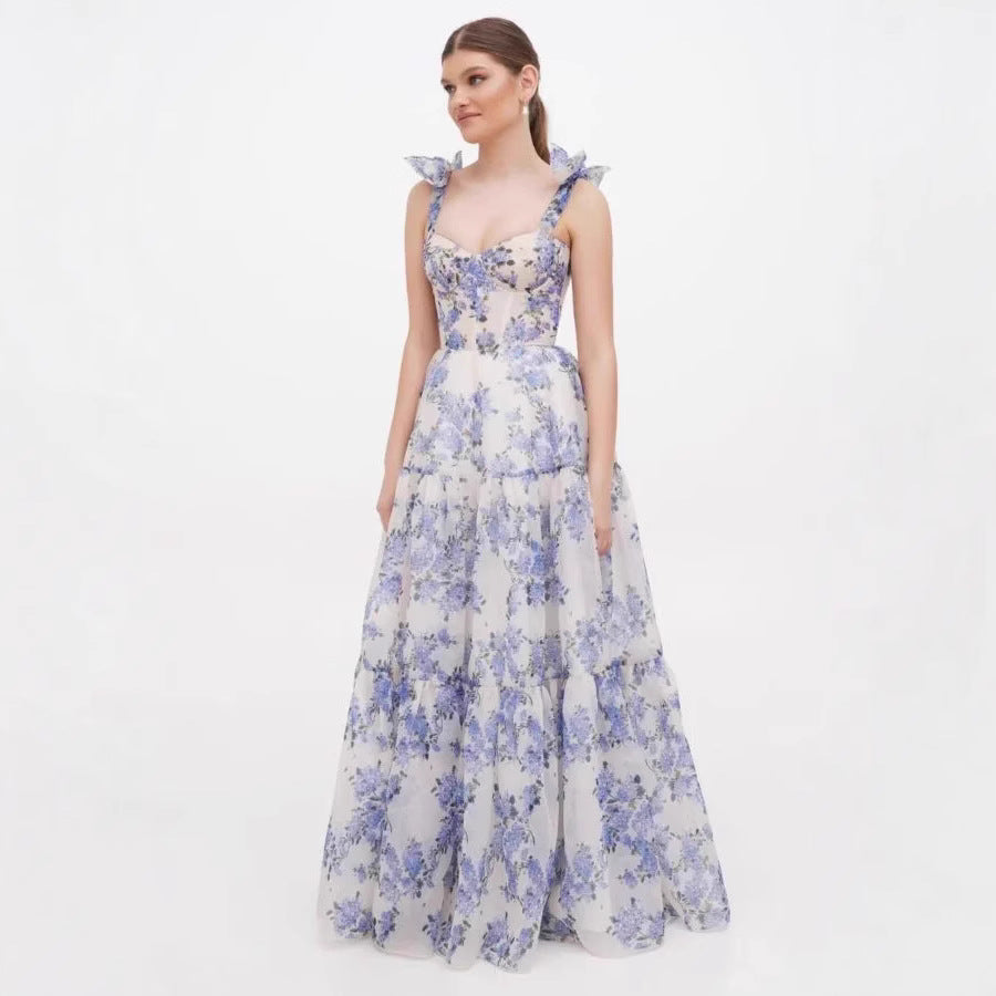 Damen Elegantes Maxikleid mit floralen Details und Rüschenträgern Drune