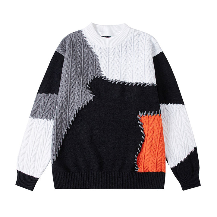 Herren nan strukturierter Patchwork-Strickpullover mit Zopfmuster und Rundhals Drune