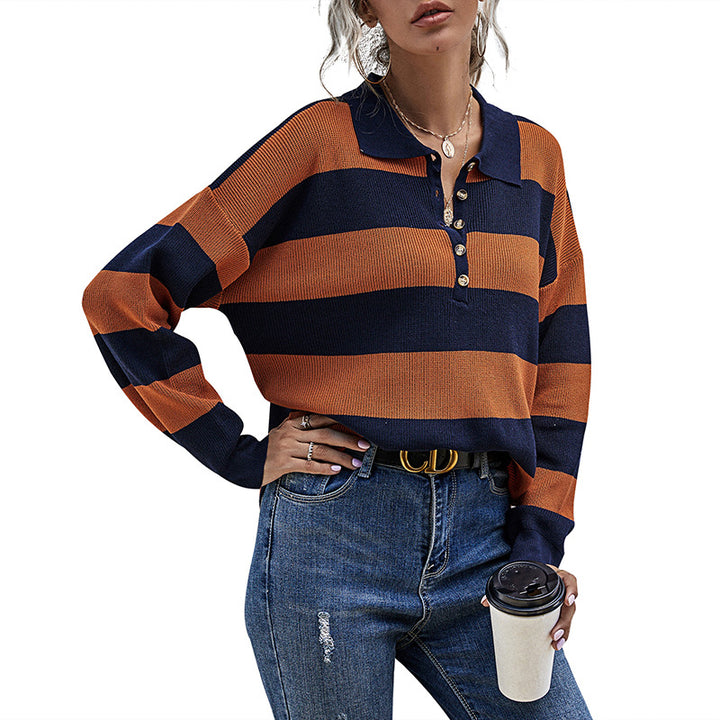 Damen lässiger Oversized Pullover mit großzügigem Streifenmuster und Knopfleiste Drune