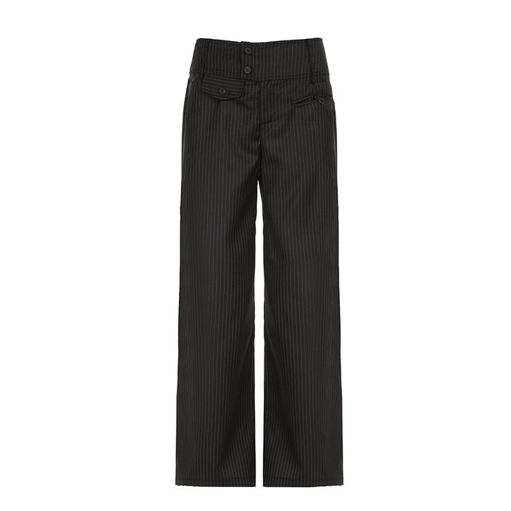 Damen Elegante weit geschnittene Streifenhose mit hoch sitzendem Bund und dekorativen Knopfdetails Drune