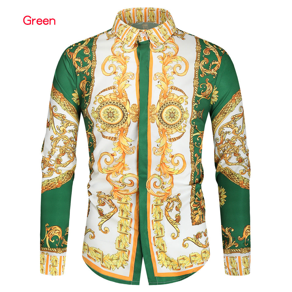 Herren nan barockes Langarm-Hemd mit ornamentalem Druck, Kentkragen und tailliertem Schnitt Drune