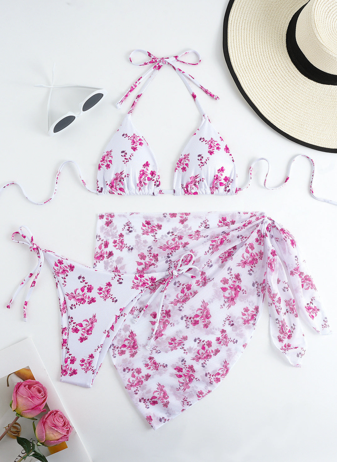 Damen Triangel-Bikini mit floralem Muster und zartem Cover-Up Drune